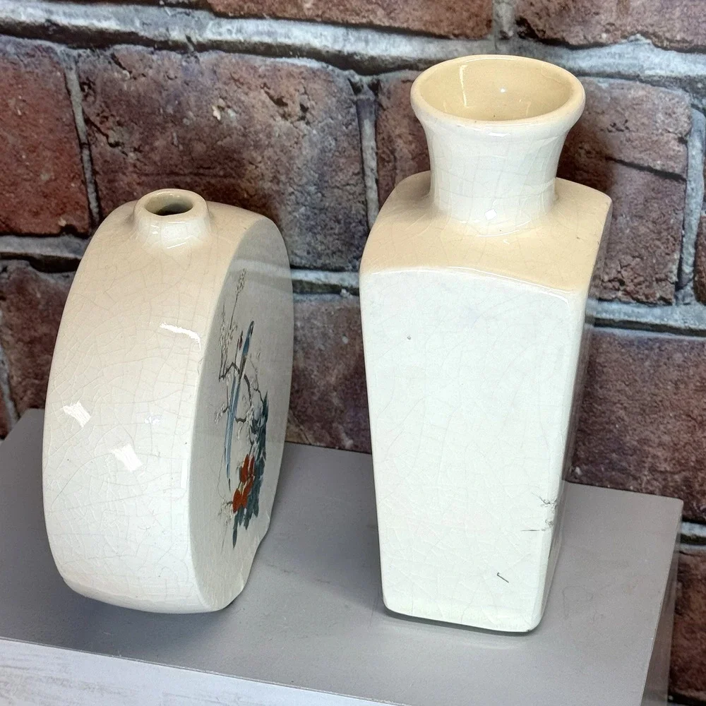 Set of 2 Vtg Treasure Craft Crackle Small Vases Birds Asian Flowers MCM USA Made
